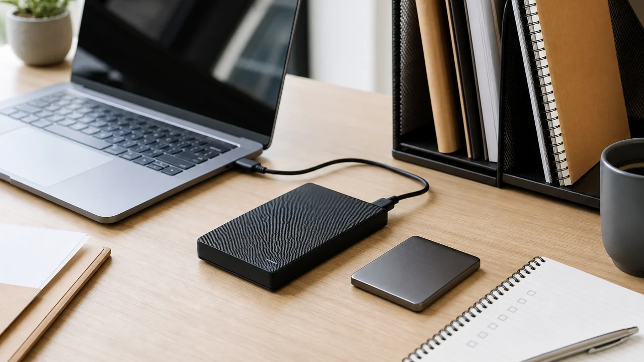 External hard drive and SSD on an organized office desk for data backup planning